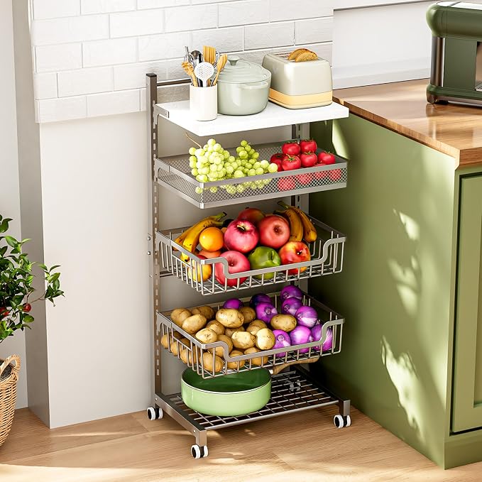 HapiRm Fruit Basket Kitchen Cart - 5 Tier Adjustable Vegetable Storage Rack, Large Capacity Rolling Kitchen Carts on Wheels for Snack Onion and Potato Storage