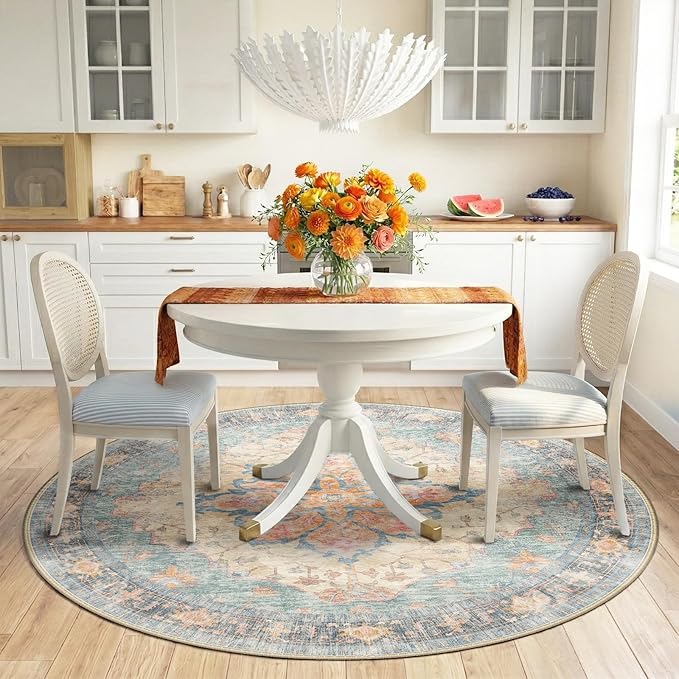 RELEANY Area Rugs Round 6ft Washable Non-Slip, Floral Vintage Distress Medallion Carpet for Living Room Bedroom Dining Room, Blue Orange Red