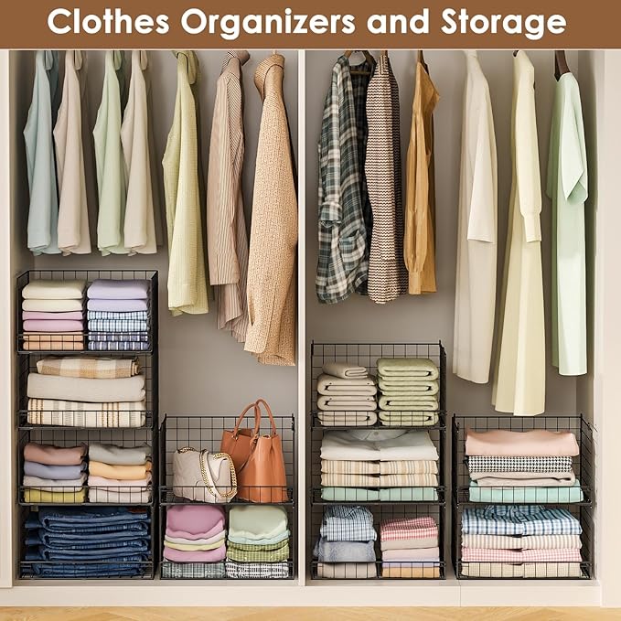 Yociyoga 4-Tier Stackable Closet Organizers and Storage Shelves, Foldable Closet Shelf Organizer, Black(Patent Protection)(Patent No. 30022416)