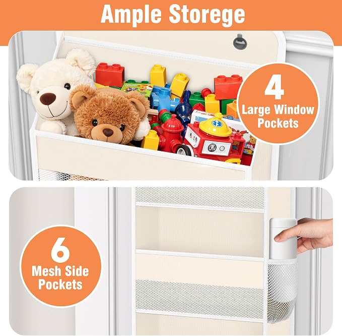WISELIFE Over The Door Organizer Storage 4 Shelves Large Capacity Hanging Bedroom Storage Solution with 6 Side Pockets for Dorm Bathroom Pantry Nursery and Baby Essentials Holds up to 40 Lbs (Beige)