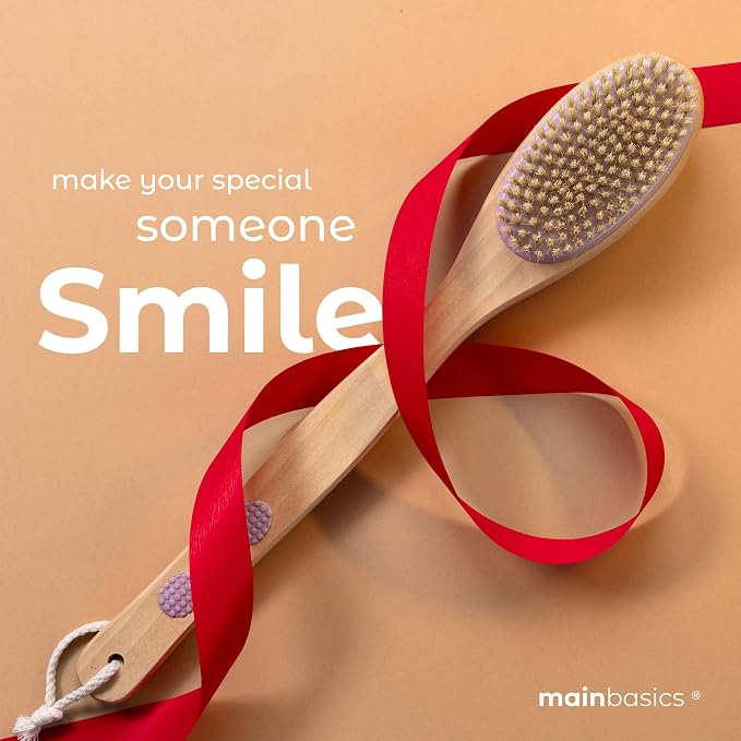 MainBasics Back Scrubber Shower Brush Long Handle Dual Sided Body Brush with Exfoliating Soft Bristles for Back Scrubbing Deep Cleaning and Body Wash (Lavender)
