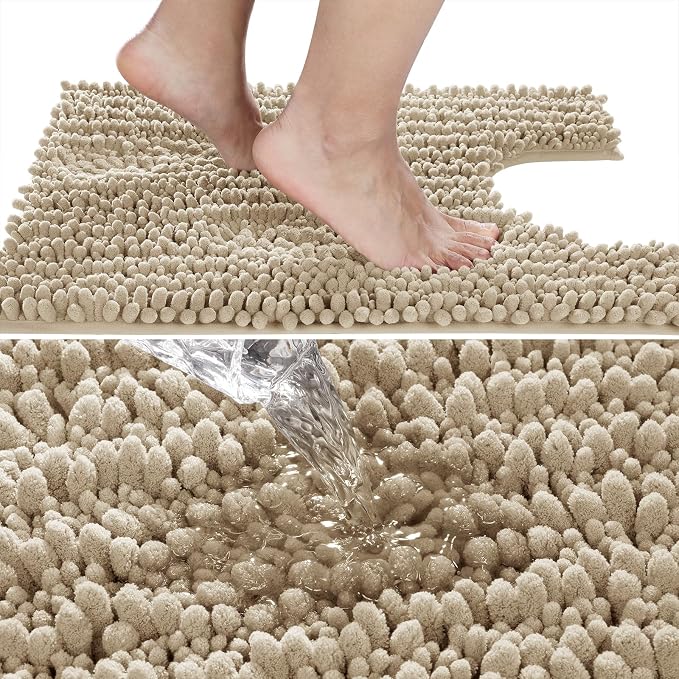 Yimobra Toilet Rug U Shaped Washable 24x24 Inch - Ultra Soft Absorbent Bath Rugs for Toilet, Quick Dry & Machine Washable, Non Slip Contour Bathroom Mat, Pale Khaki
