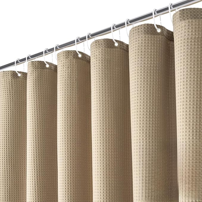 Dynamene Extra Long Shower Curtain,96 Inch Long Waffle Weave Heavy Duty Thick Fabric Bathroom Shower Curtain, Neutral Weighted Hotel Bath Curtain Set with 12 Plastic Hooks,72x96,Beige/Khaki