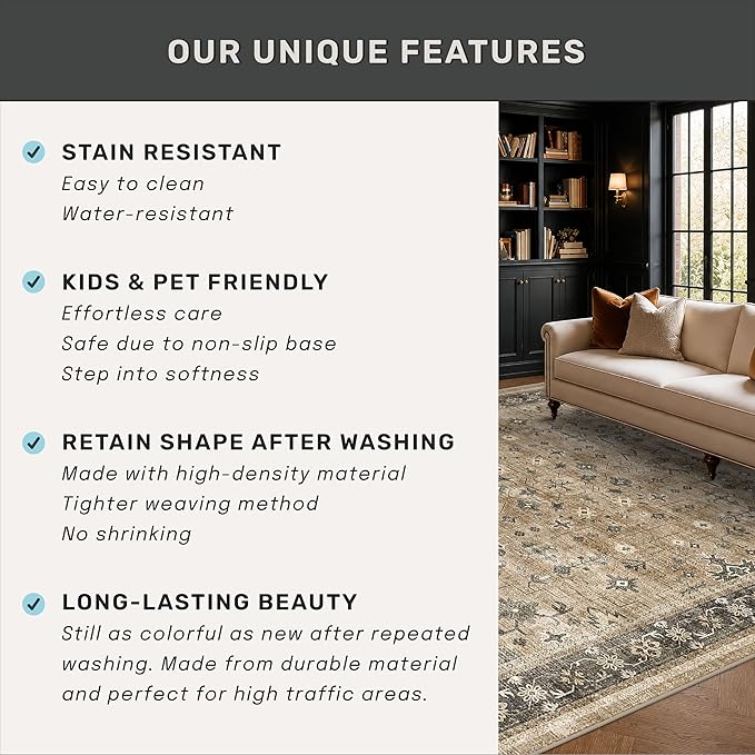 Hazo Haus Rustic Taupe Area Rug 5x7 for Living Room - Machine Washable Rugs for Dining Room, Kitchen Floor, Small Office, Low Pile Non-Slip Rubber Backing & Stain Resistance