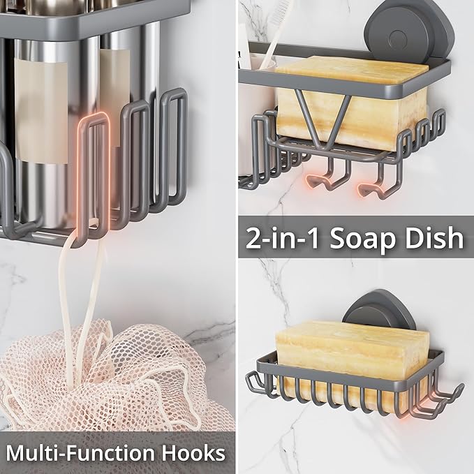 KEGII Suction Cup Shower Caddy – 3 Pack Suction Cup Shelf with Soap Holder & Hooks, Rustproof Stainless Steel Shower Organizer, Removable No Drilling Bathroom Storage Rack, Dark Gray