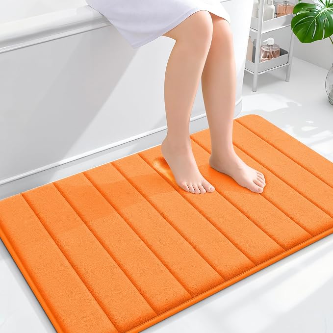 OLANLY Memory Foam Bath Mat 40x24, Super Soft Absorbent Bathroom Rugs, Quick Dry, Machine Washable Shower Floor Rugs, Bathmat Carpet, Bathroom Home Decor Accessories, Orange