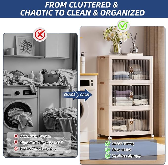 SAILUN 381Qt Extra Large Stackable Storage Bins Folding Collapsible Storage Bins with a Lid, Closet Organizers and Storage Blush White 28" W x 17" D x 46" H