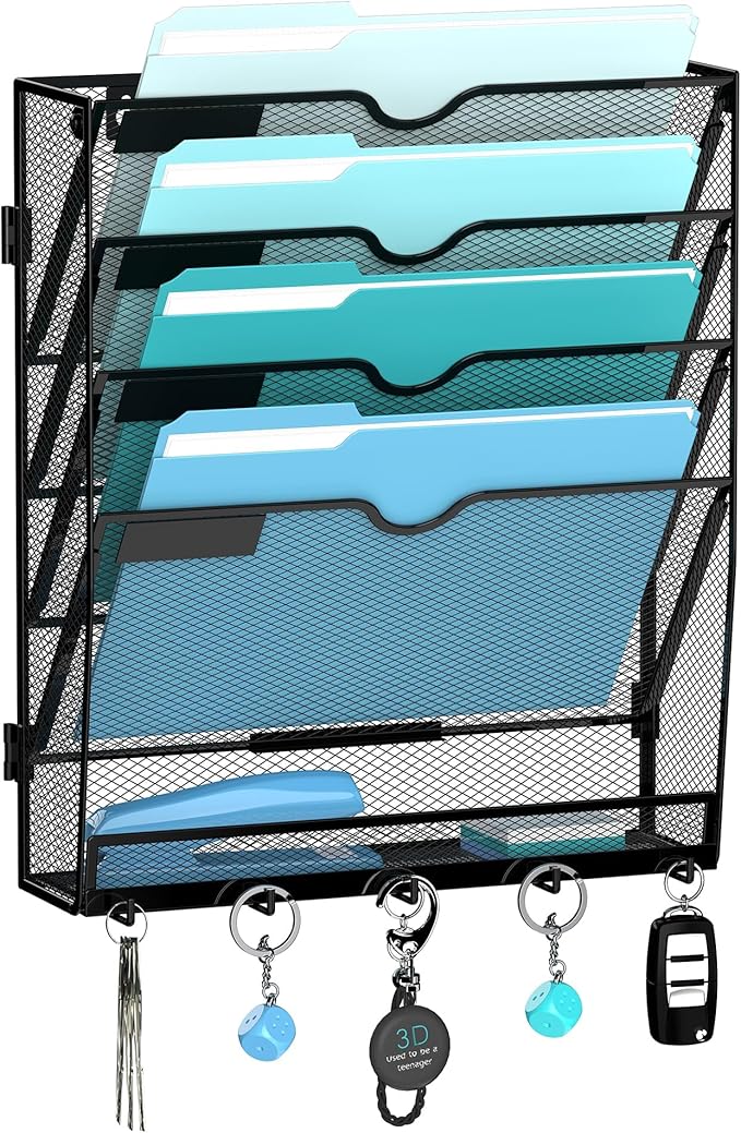 5 Tier Wall File Organizer - Hanging File Organizer with 5 Hooks, Mail Holder Wall Mounted for Papers, Folders, Magazines, Bills, Office&School Organization, Black