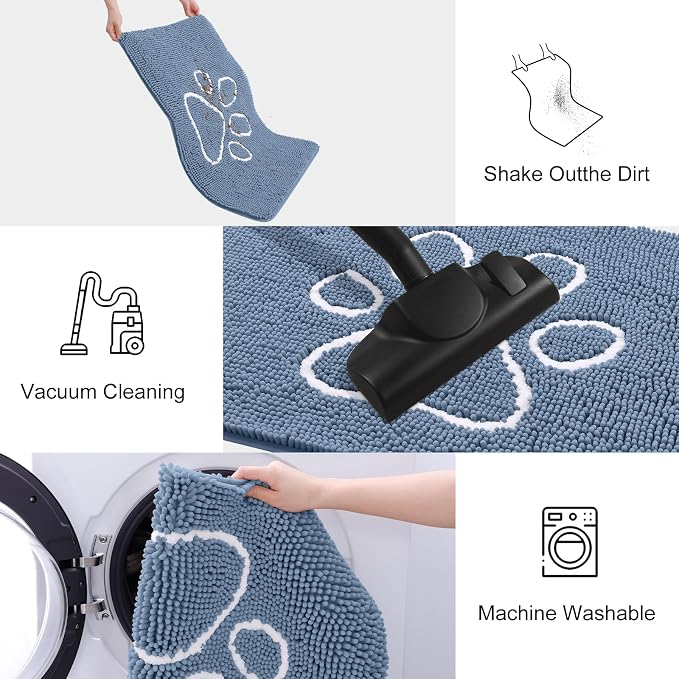Smiry Dog Door Mat for Muddy Paws, Absorbent Dirt Trapper Non Slip Quick Dry Washable Chenille Mat for Mud Dogs, Entry Rug for Indoor and Outdoor (71x46 Inches, Airy Blue and White)
