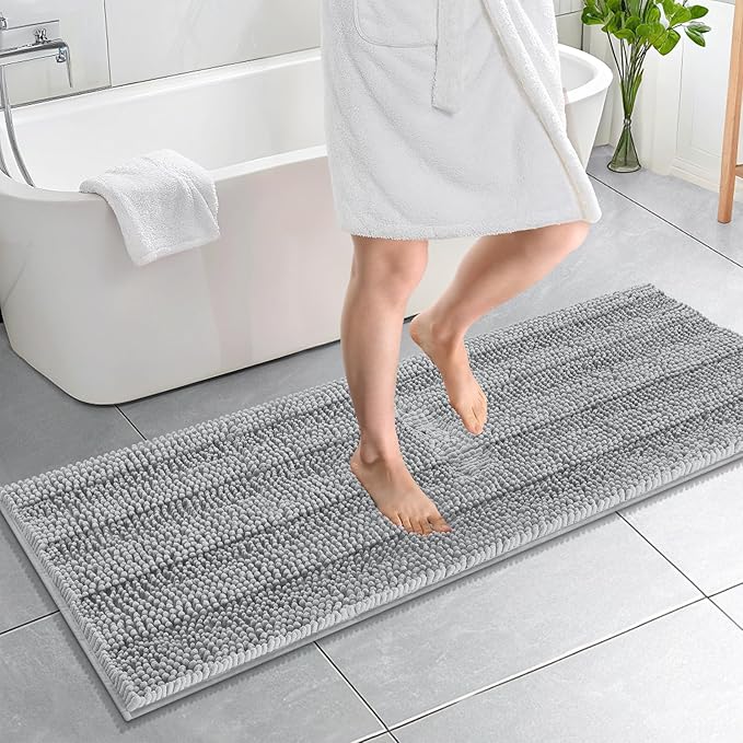 OLANLY Thick Bathroom Runner Rugs 59x20, Absorbent Chenille Striped Bath Rugs, Rubber Backing, Machine Wash, Extra Long Bath Mats for Bathroom Floor, Tub and Shower, Home Decor Accessories, Light Grey