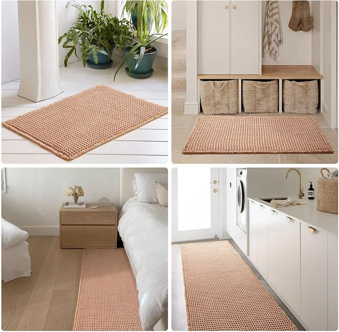 TYUU Waffle Bath Mat, Boho Bathroom Rugs Non Slip Washable Super Absorbent Quick Dry Bath Mat Farmhouse Bathroom Decor, 24"x16" Light Peach