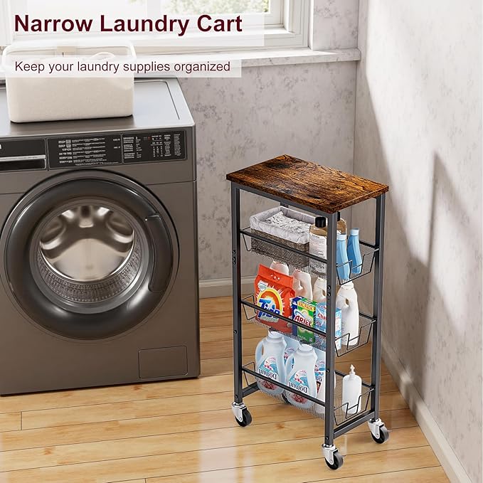 Slim Rolling Cart, 4-Tier Storage Cart, 9.1inch Narrow Kitchen Rolling Cart on Wheels for Small Space, Utility Cart Shelving Unit with Wooden Top and Metal Handle for Kitchen, Bathroom, Laundry Room