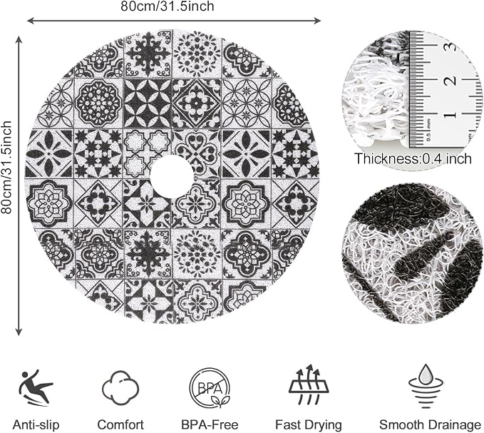 Shower Mat Non Slip, Round Shower Mat for Inside Shower, Non Slip Bathtub Mat, Fast Drying Bath Tub Mats, Loofah Mat for Shower Bathroom, Quick Drying, Resistant (Black Mosaic, 32" (Round))