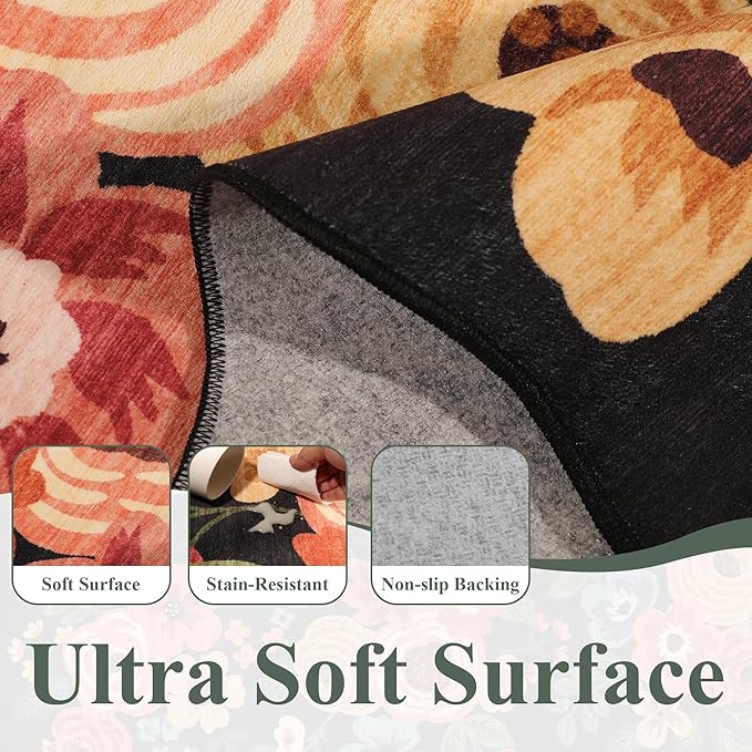 DUKINO 2.6x12 Runner Rug for Hallway, Non Slip Floral Washable Kitchen Rug with Low Pile Design, Boho Stain Resistant Floor Carpet Runner for Entryway, Bathroom, Laundry, Bedroom, Black