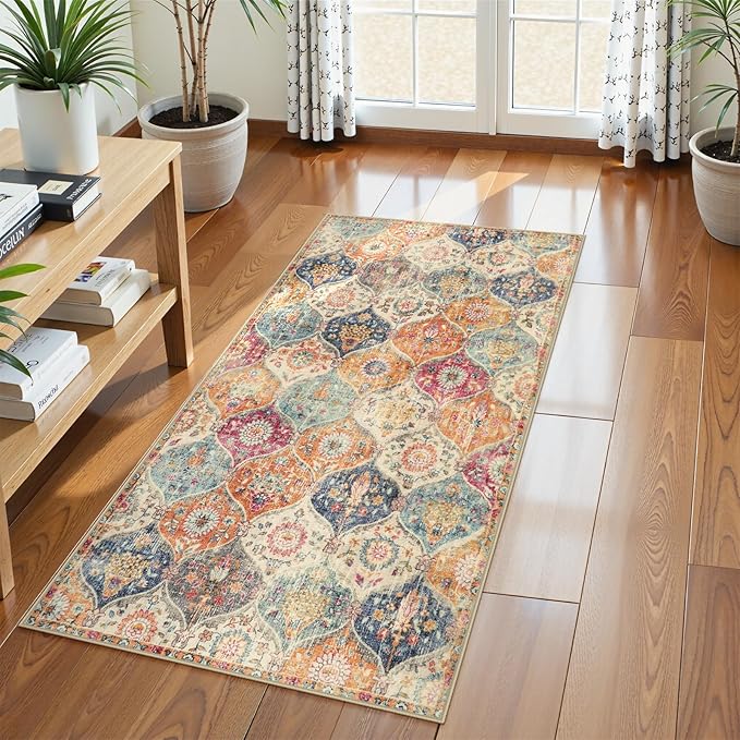 Lahome Kitchen Rugs Non Slip Washable Rugs for Entryway, 2x4 Rug Non-Slip Moroccan Trellis Ultra-Thin Indoor Door Mat Small Carpet for Bathroom Bedroom Entry Elise, Cream/Multi