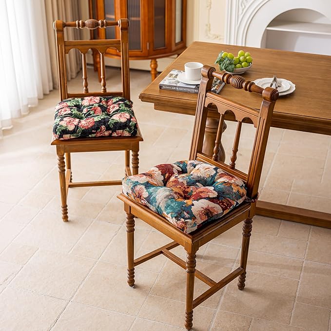 vctops Farmhouse Floral Print Chair Cushions with Ties U-Shaped Soft Comfortable Chair Pads Non Slip Seat Cushions for Indoor Dining Room and Kitchen Chairs (Flower E,16"x16")