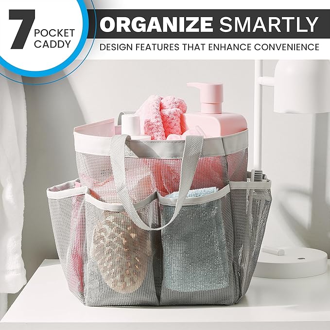 Handy Laundry Mesh Shower Caddy – 7 Pocket Portable Organizer Tote for College Dorm, Gym, Travel & Bathroom – Quick Dry, Collapsible, Lightweight Shower Bag with Handle (Gray)