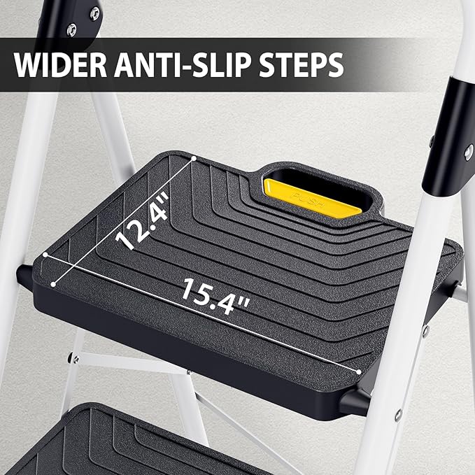 TOOLF 3 Step Ladder, Sturdy Steel Step Stool with Anti-Slip Wide Pedals, Handrail, Safe-Lock Design, Folding Portable Ladder for Multi-Purpose, Home, Kitchen, Pass 800lbs Load Testing, White