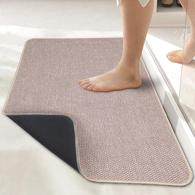 Bosap Bath Mat,Ultra Thin Bathroom Rugs,Rubber Bath Mats for Bathroom,No Slip Bath Rugs,Quick Dry,Machine Washable,Low Pile,Absorbent,Shower Outside,Sink,Home Decor Accessories.Beige,2'x3'(24x36inch)