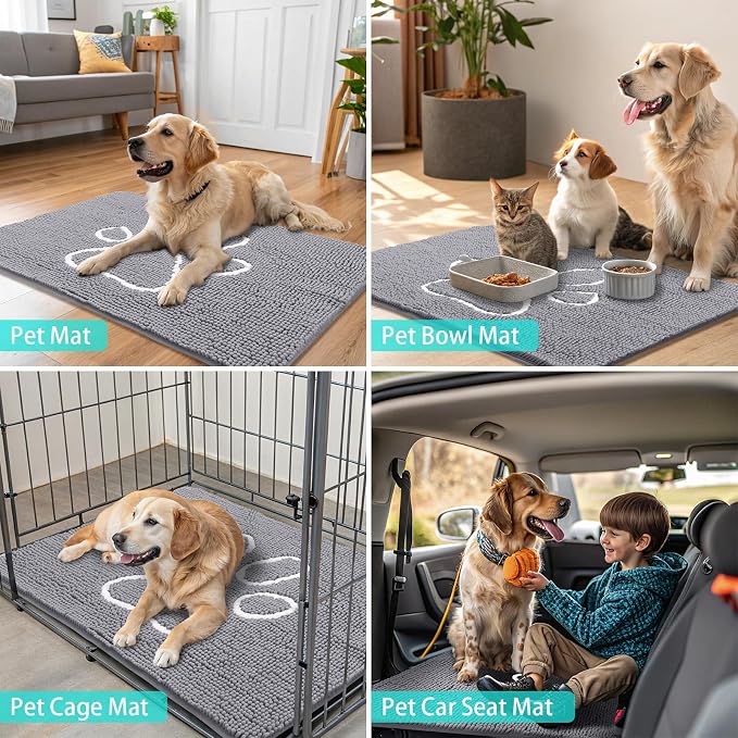 Smiry Dog Door Mat for Muddy Paws, Absorbent Dirt Trapper Non Slip Quick Dry Washable Chenille Mat for Mud Dogs, Entry Rug for Indoor and Outdoor (40x32 Inches, Grey and White)