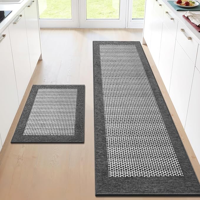 StepRite Kitchen Mats for Floor, Non-Slip Kitchen Rugs Set of 2 PCS, Super Absorbent Washable Kitchen Mats with Rubber Backing, Runner Mats for Front of Sink (20"x32"+20"x72" Grey)