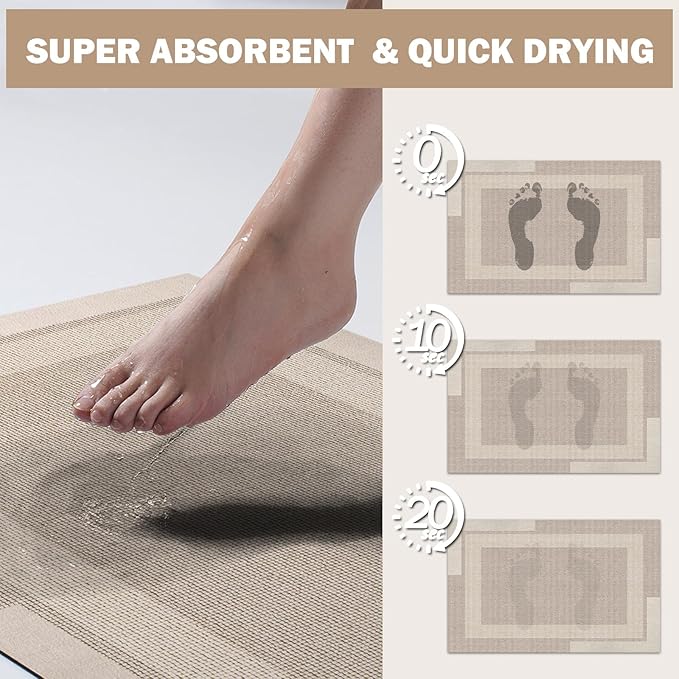 YDKGL Non Slip Long Bathroom Runner Rug Bath Mat, Rubber Backing Ultra Thin Bathroom Rugs Fit Under Door Quick Dry Super Absorbent Washable Shower Mat for Bathtub Sink Floor, Beige 17"x59"