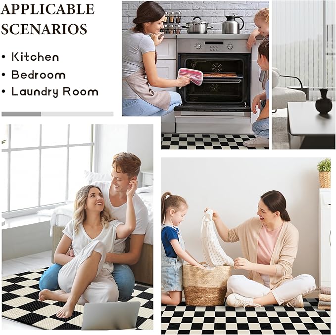 Beige Black Checkered Grid Checkerboard Kitchen Rug Sets [1 PC], Anti-Fatigue, Waterproof Non-Slip Kitchen Mats Heavy Duty Comfort Foam Rug for Kitchen, Floor, Laundry,17"x47"