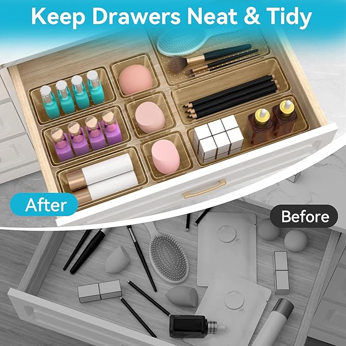 ElegantArray 12 PCS Drawer Organizer Set, 4 Sizes Tool Storage Trays, Clear Plastic Makeup Vanity Organizer and Storage Bins for Stationeries, Multiple Gadgets for Office, Bedroom, Champagne