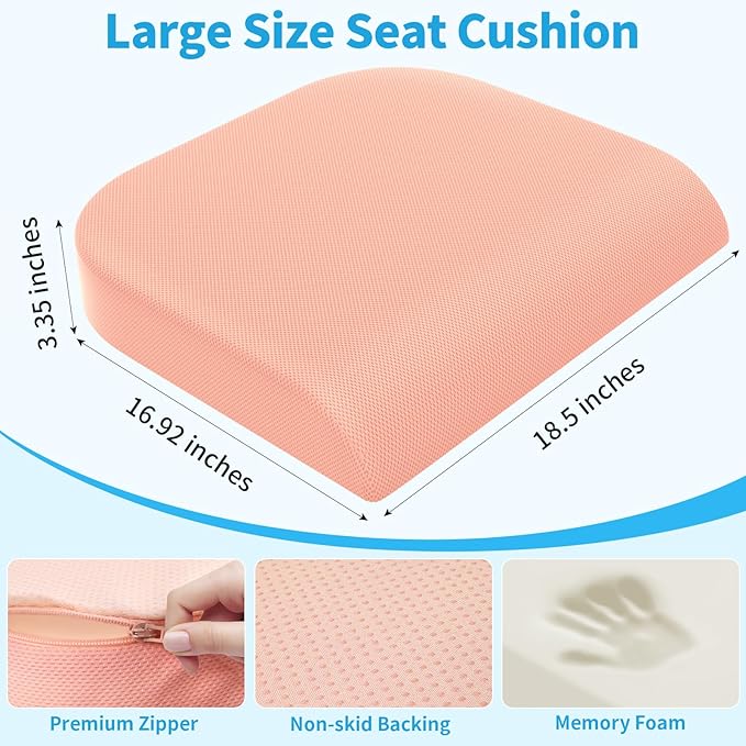 TranquilRelax XLarge Seat Cushion, Memory Foam Cushion for Long Sitting Hours on Office Chair, Home & Car, Non-Slip Chair Pad for Relieving Back & Sciatica & Hip & Coccyx Pain (Pink)