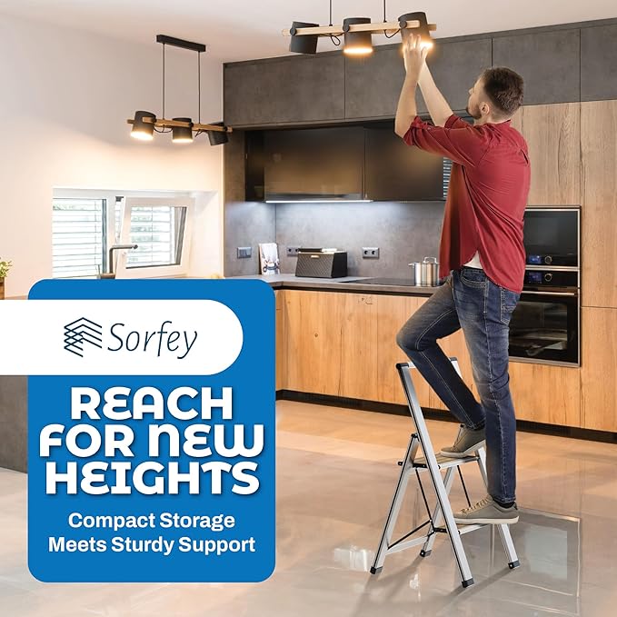 Step Ladder 2 Step Folding, Decorative - Beautiful Bamboo & Silver Aluminum, Ultra Slim Profile, Anti Slip Steps, Sturdy-Portable for Home, Office, Kitchen, Photography Use,by SORFEY