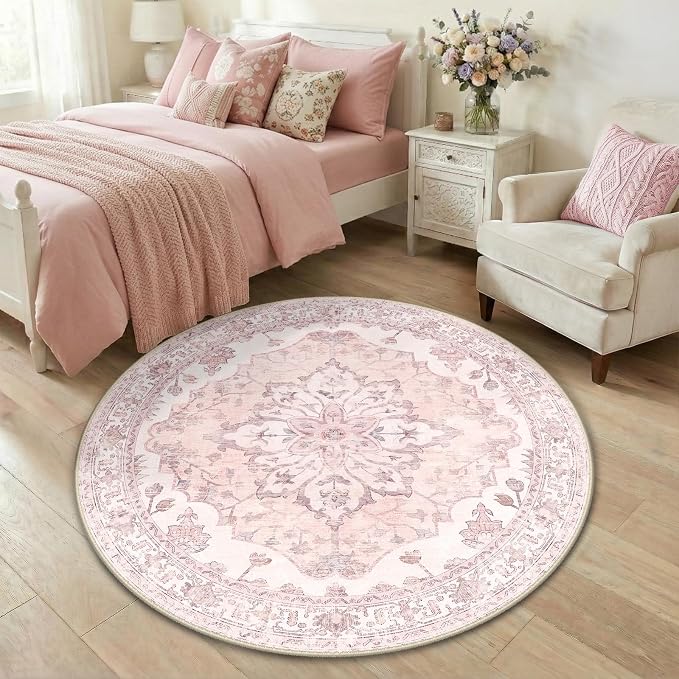 RELEANY Area Rugs Round 4ft Washable Non-Slip, Floral Vintage Distress Medallion Carpet for Living Room Bedroom Dining Room, Pink Greypink Cute