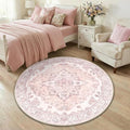 RELEANY Area Rugs Round 4ft Washable Non-Slip, Floral Vintage Distress Medallion Carpet for Living Room Bedroom Dining Room, Pink Greypink Cute