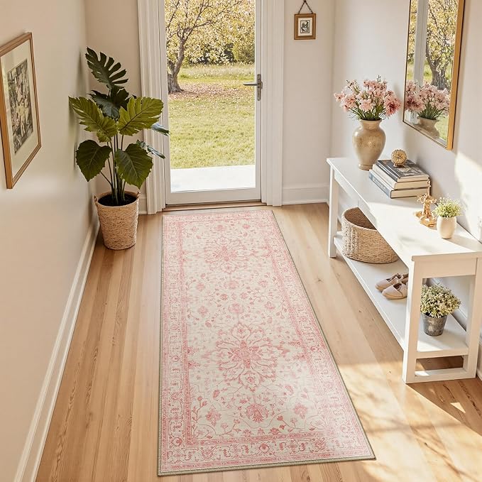 RELEANY Area Rugs Runner 2'x6' Washable Non-Slip, Floral Vintage Distress Medallion Carpet for Kitchen Hallway Bedroom Beside Laundry Room Bathroom, Pink Light Vintage Pink