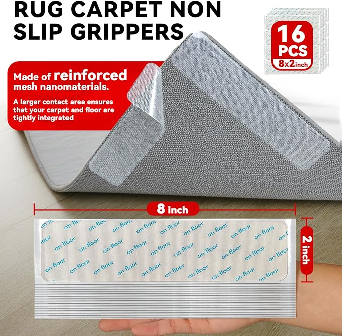 Rug Non Slip Grippers, 16Pcs Carpet Tape Reusable, No Residue on Hardwood Floors, Strong Hold Rug Stickers for Area Rugs, Keep Corners Flat, 2x8 Inch