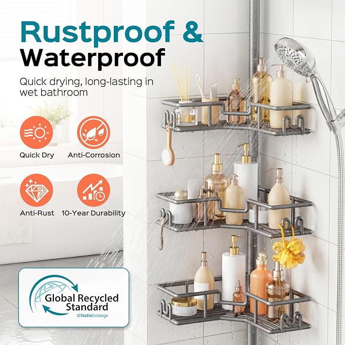 HAMITOR Adjustable 4-Tier Bathroom Storage: Corner Rustproof Shower Caddy Tension Pole - Floor-to-Ceiling Space-Saving Organizer - No Drill Tension Mounted Home Accessory Rack for Renters 47-123 Inch