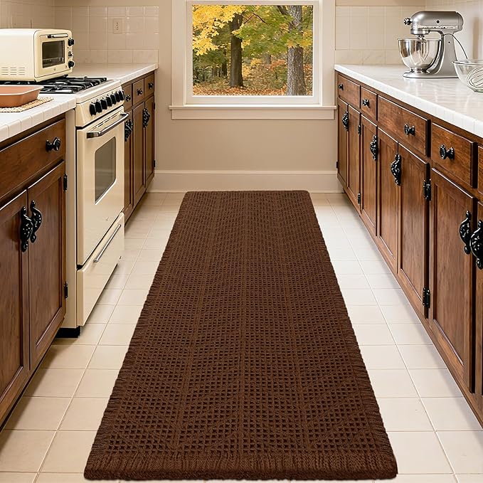 Waffle Bath Mat Set 2 Piece, Boho Woven Modern Bath Rug Absorbent Non Slip, Ultra Soft Bathroom Mats, Machine Washable Knit Bath Rugs with Herringbones for Bathroom, Bedroom, Kitchen, Shower, Brown