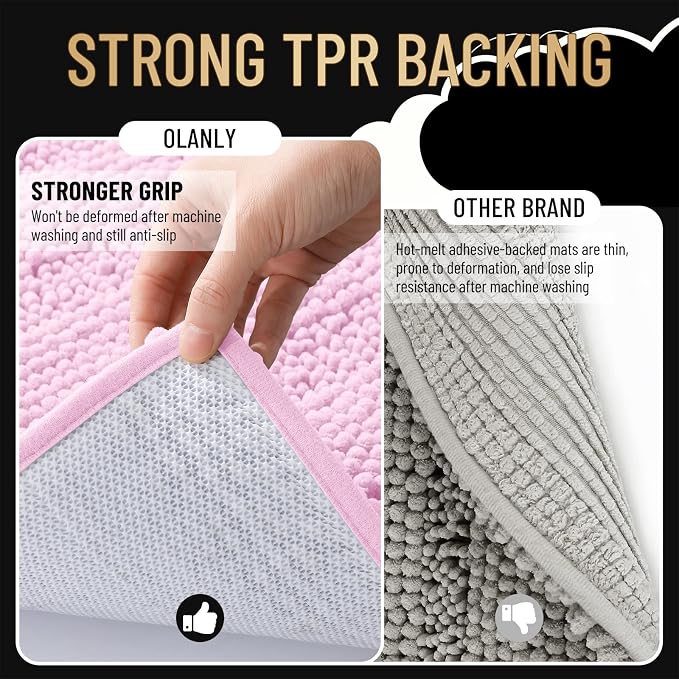 OLANLY Thick Bathroom Rugs 36x24, Extra Soft Absorbent Chenille Striped Bath Rugs, Rubber Backing, Machine Wash Dry, Bath Mats for Bathroom Floor, Tub and Shower, Home Decor Accessories, Pink