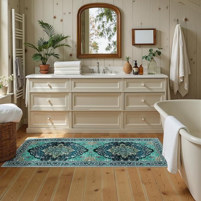 RELEANY Area Rugs Runner 2'x5' Washable Non-Slip, Floral Vintage Distress Medallion Carpet for Kitchen Hallway Bedroom Beside Laundry Room Bathroom, Teal Green Lake Blue Turquoise