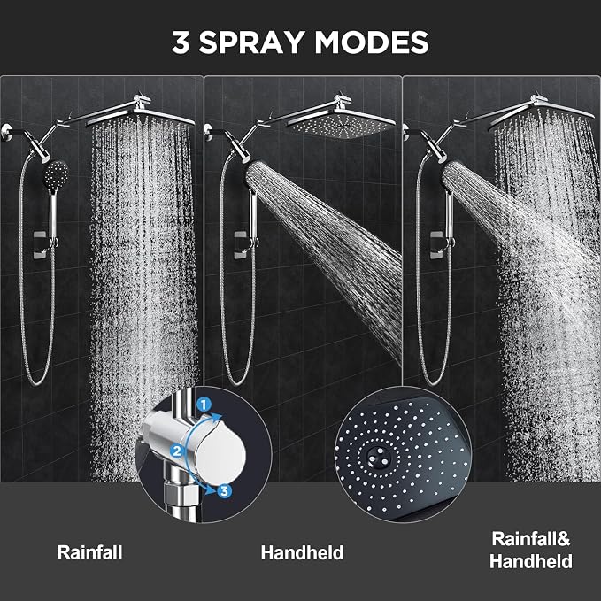 Veken 11.8" Rain Shower Head with Handheld, High Pressure Handheld Shower with Multi Spray Modes, Rainfall Combo with 15" Metal Extension Arm, Detachable Dual Shower, Bathroom Decor, Chrome Silver