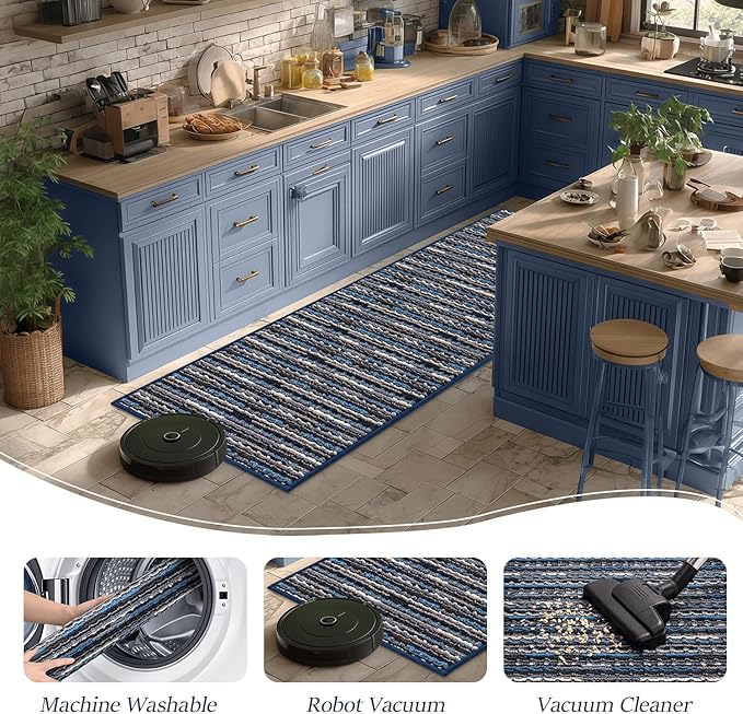 Kitchen Rugs Sets of 2-Non Slip Kitchen Mats for Floor-Thick Stain Resistant Vintage Kitchen Floor Mat Runner Carpet for Hallways Entryway Laundry Room Washable（Navy Blue 20"x47"+20"x32"）