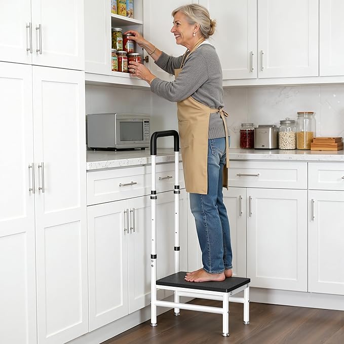 Step Stool with Handle for Adults and Seniors, Heavy Duty One Step Wooden Platform Stool with Adjustable Handrail, Wide Non Slip Footstool for Bedside, Bathroom and Home