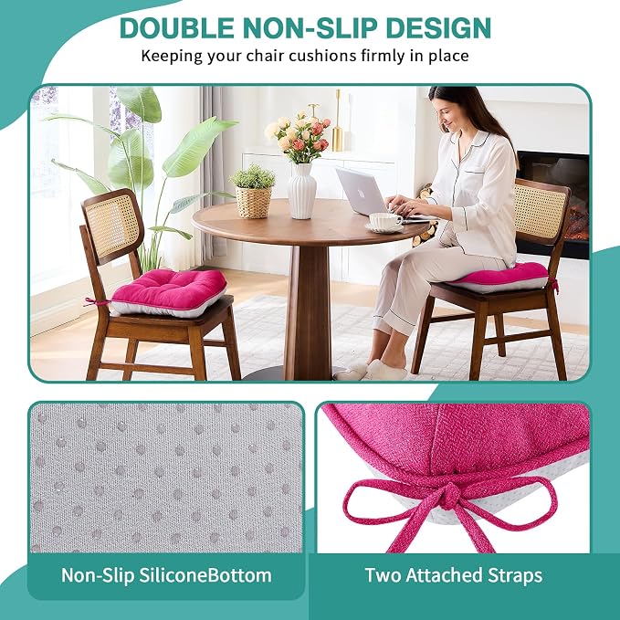 BETU Chair Cushions for Dining Chairs Set of 6,3.5" Thick Kitchen Table Chair Pads with Ties,Non Slip Backing and Covers, Seat Cushion for Dining Room,Bar,Patio Chairs,15.5"X15.5"X3.5",Hot Pink