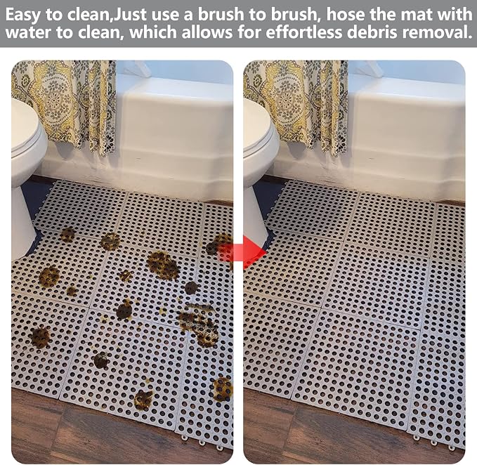 12 Pack 11.8" x 11.8" Interlocking Floor Tiles with Drain Holes Soft PVC Non Slip Shower Floor Mat Modular Interlocking Cushion Mat for Drain, Pool, Patio, Balcony, Kennel, Poultry, Floor Grid, Grey