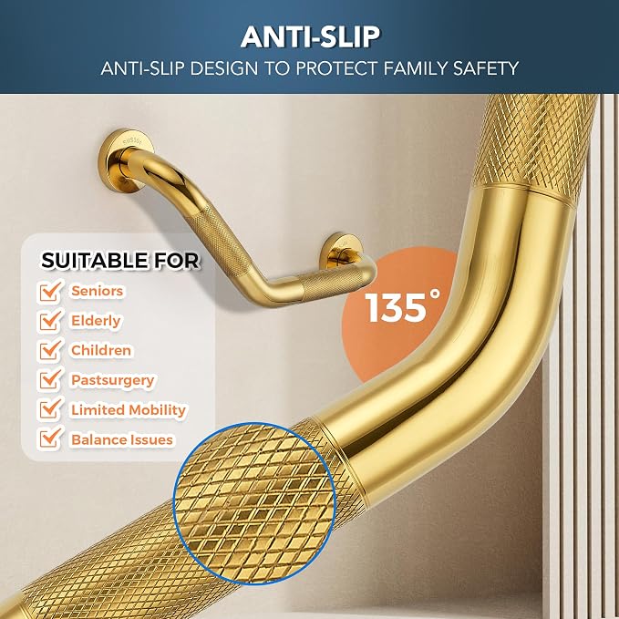 Grab Bars for Bathtubs and Showers- 1-1/4 x 16 Angled Shower Grab Bar for Seniors Knurled Stainless Steel Handicap Grab Bars for Wall (Gold, 1 Pack)