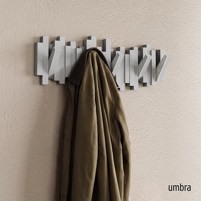 Umbra Sticks Wall-Mounted Coat Rack Rail Hook with 5 Retractable Pegs – Modern, Space-Saving Storage Organizer, Grey