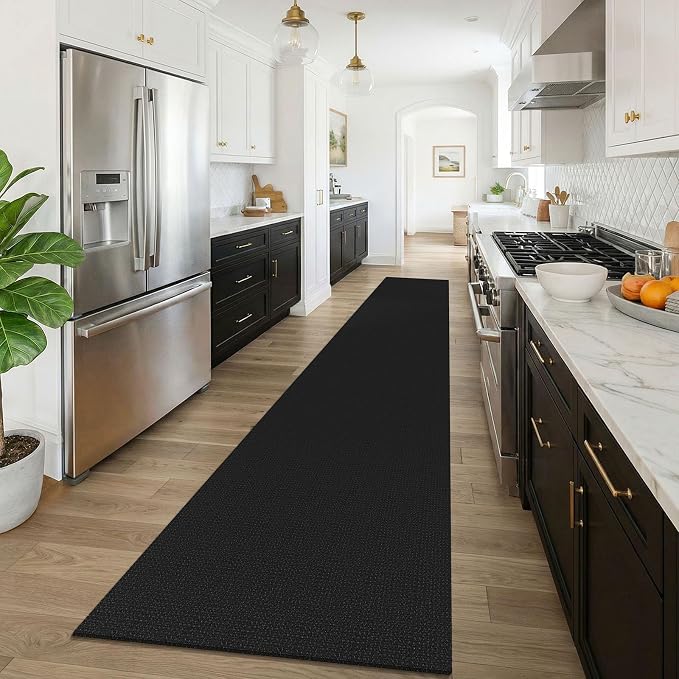 KOZYFLY Black 2.5'x16' Runners Rugs for Hallway, Extra Long Washable Runner Rug, Woven Non Slip Kitchen Runner, Cotton Entryway Rug, Floor Carpet for Entry, Aisle, Hall, Black/Dark Grey