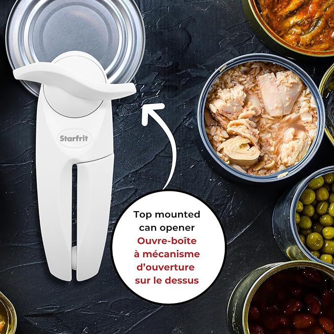 Starfrit Little Beaver Can Opener, Safe, Holds Lid and Leaves No Sharp Edges on Lid, Comfort Grip, 3-Year Warranty, White
