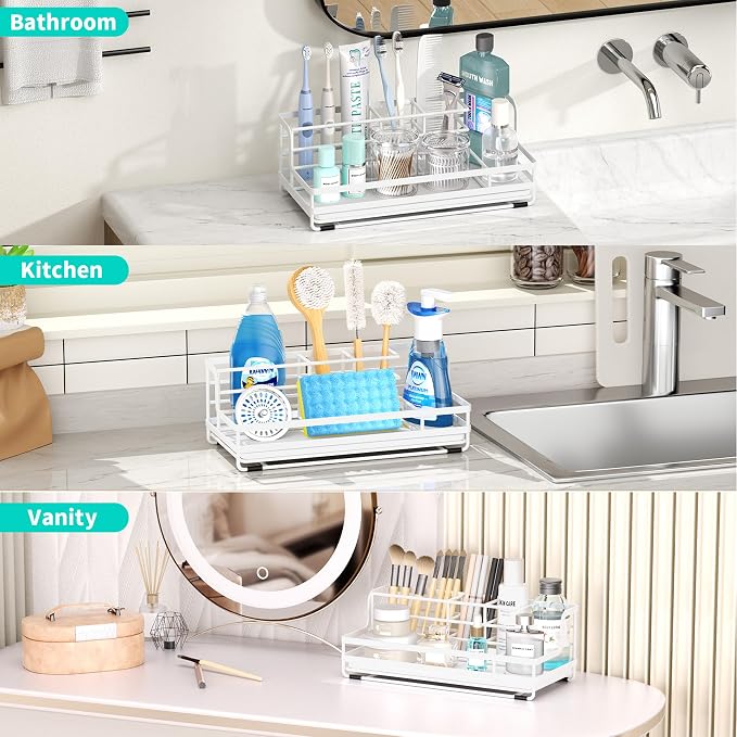 HapiRm Toothbrush Holders for Bathroom - 5 Partitions Bathroom Counter Organizer with Instant Drying Stone, Stainless Steel Countertop Storage Electric Toothbrush Toothpaste Holder - White