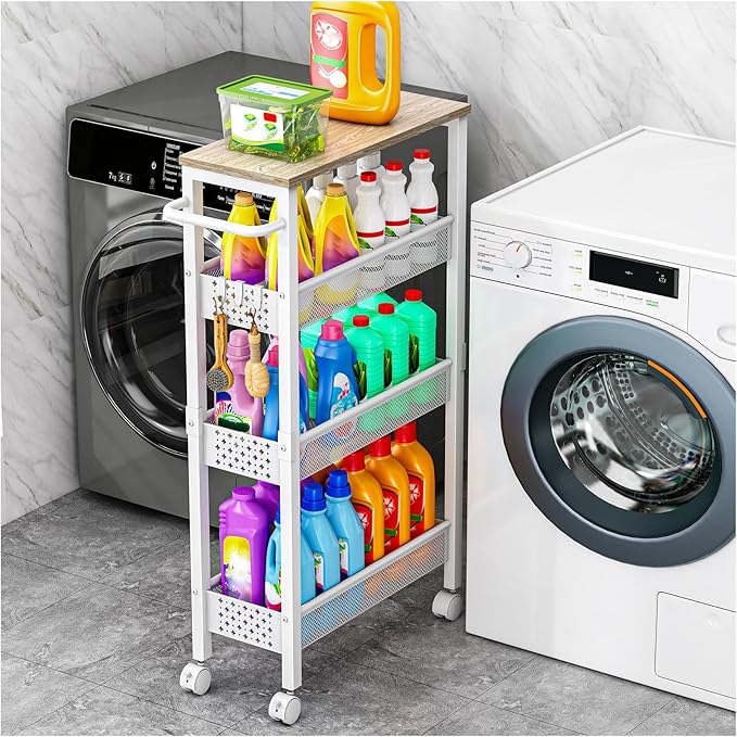 Vivihomety Utility Slim Storage Cart, 4 Tier Small Rolling Kitchen Laundry Room Cart with Wood Top, Metal Bathroom Storage Cabinet Mobile Shelf Unit Organizer Trolley with Handle for Narrow Space