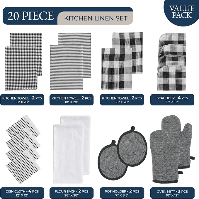 LANE LINEN Kitchen Towels Set 20 Pack - Ultra Soft Cotton Kitchen Hand Towels, Highly Absorbent Dish Cloths, Durable Scrubbers, Flour Sack Tea Towels, Heat Resistant Oven Mitts & Pot Holders - Black
